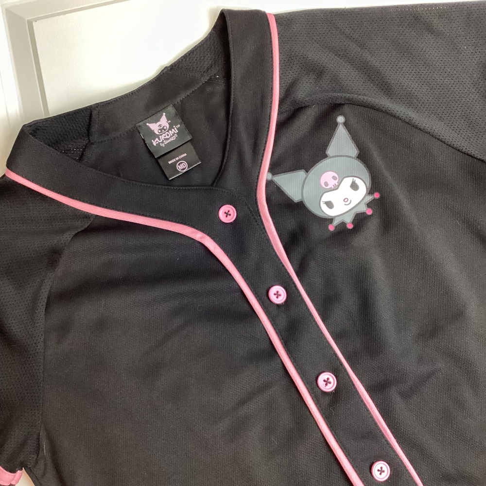 Sanrio Kuromi Baseball Jersey Black Pink Button Front Mesh Top 00 Flame Graphic